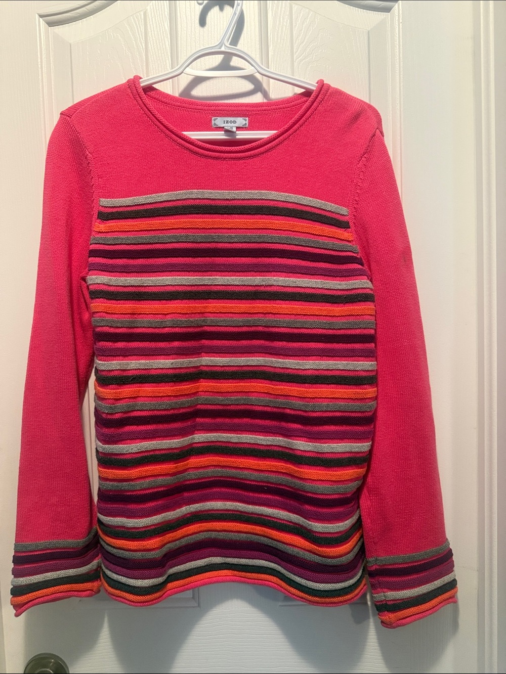 Izod Pink Crewneck Sweater with Multicolor Stripes